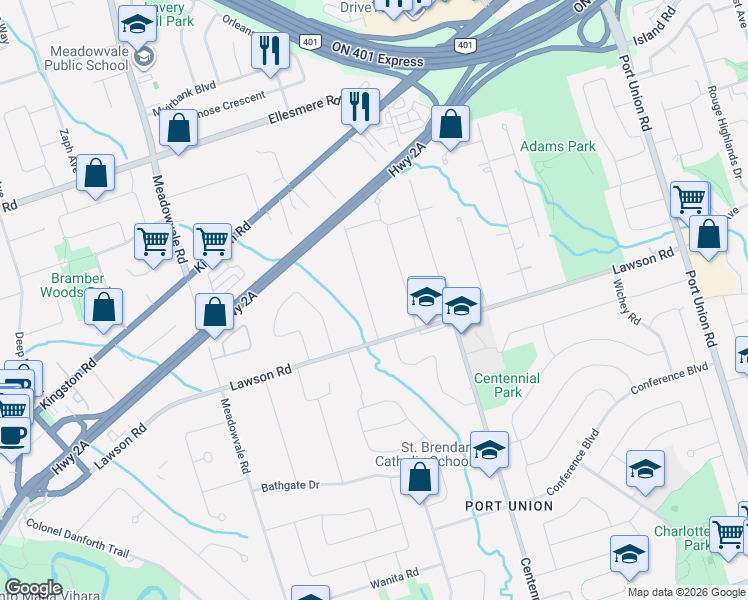 map of restaurants, bars, coffee shops, grocery stores, and more near 23 Cedarview Drive in Toronto