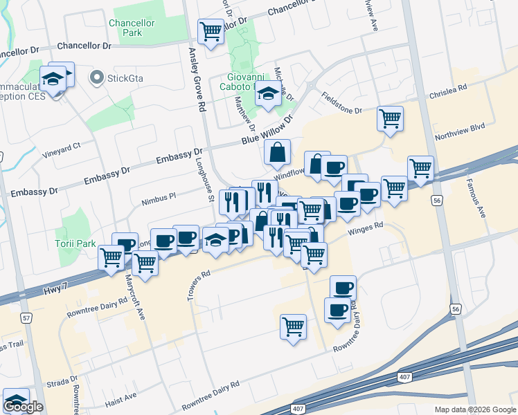 map of restaurants, bars, coffee shops, grocery stores, and more near 38 Pinedale Gate in Vaughan