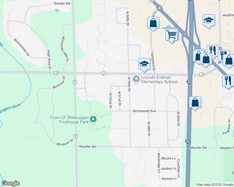 map of restaurants, bars, coffee shops, grocery stores, and more near 4022 North 51st Street in Sheboygan