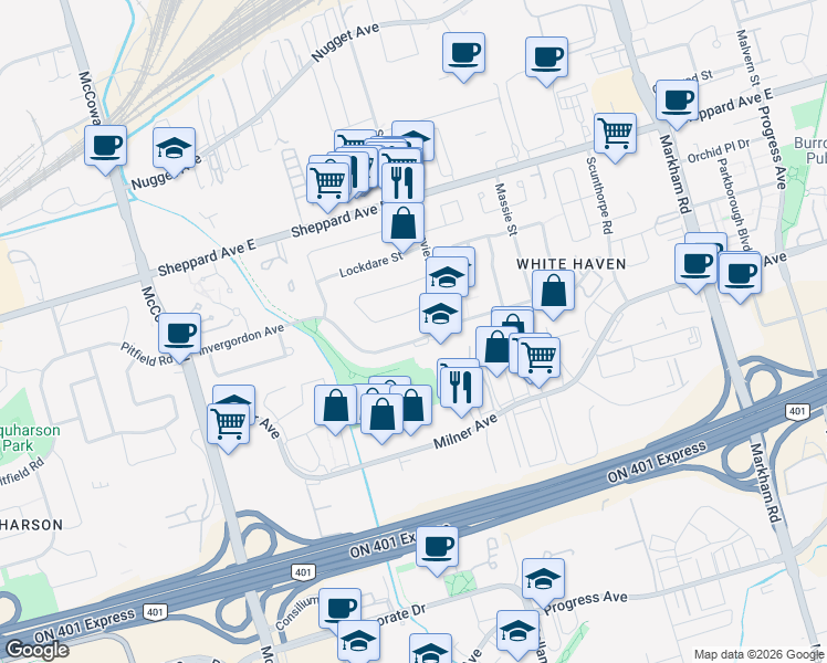 map of restaurants, bars, coffee shops, grocery stores, and more near in Toronto