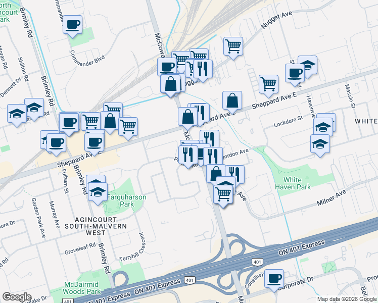 map of restaurants, bars, coffee shops, grocery stores, and more near 360 Pitfield Road in Toronto