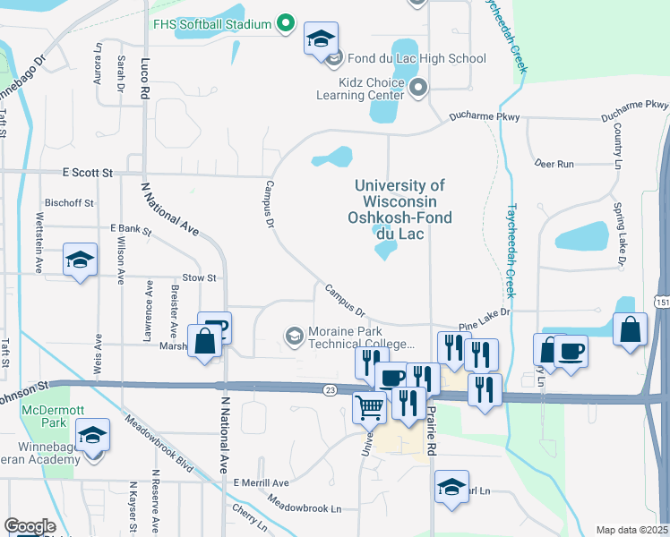 map of restaurants, bars, coffee shops, grocery stores, and more near 468-488 Campus Drive in Fond du Lac
