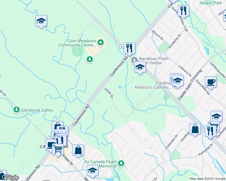 map of restaurants, bars, coffee shops, grocery stores, and more near 3 Julian Drive in Brampton