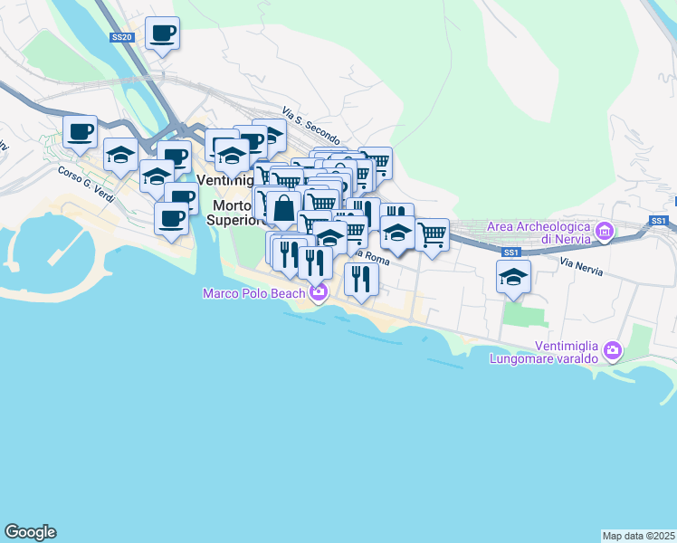 map of restaurants, bars, coffee shops, grocery stores, and more near 41 Via Vittorio Veneto in Ventimiglia