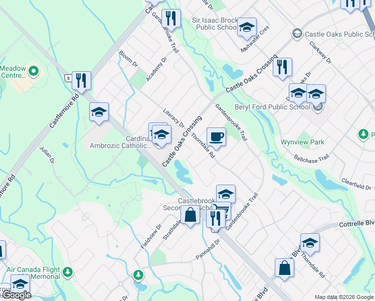 map of restaurants, bars, coffee shops, grocery stores, and more near 25 Mission Ridge Trail in Brampton