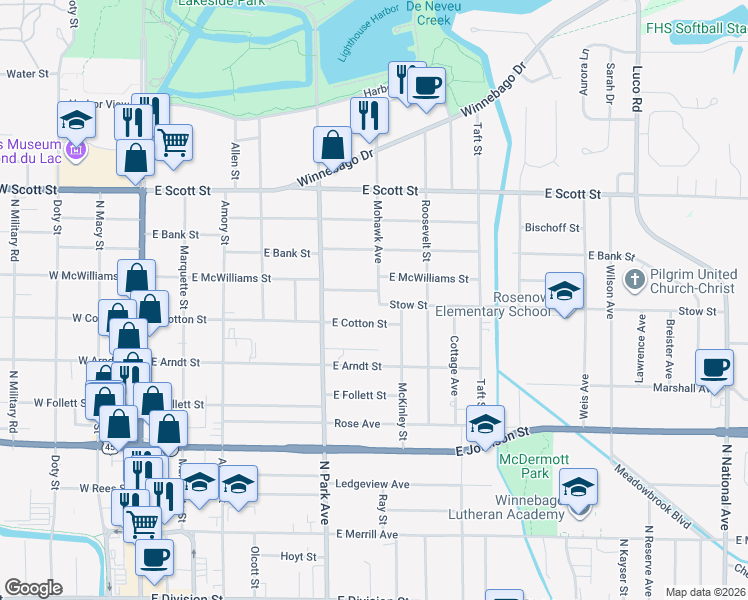 map of restaurants, bars, coffee shops, grocery stores, and more near 262 Melrose Boulevard in Fond du Lac