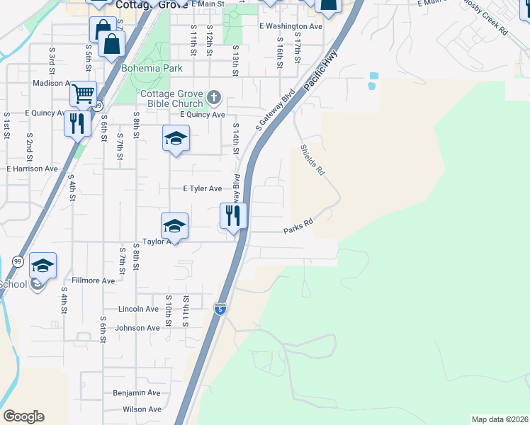 map of restaurants, bars, coffee shops, grocery stores, and more near 1520 Red Hills Place in Cottage Grove