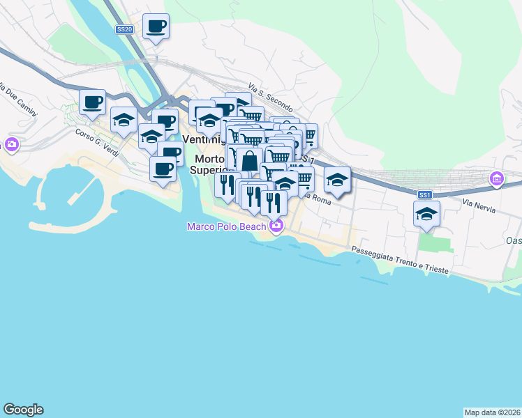 map of restaurants, bars, coffee shops, grocery stores, and more near 36 Via Chiappori in Ventimiglia