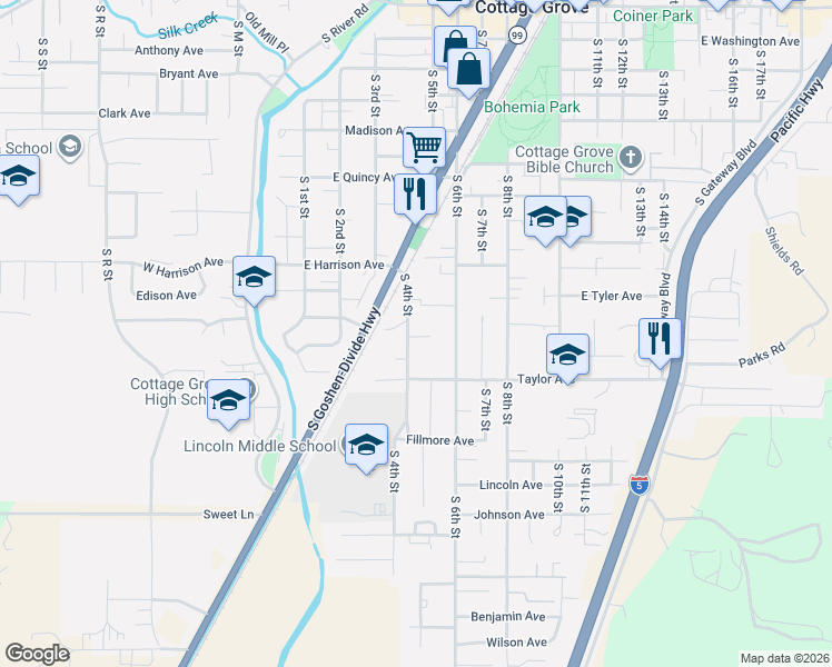 map of restaurants, bars, coffee shops, grocery stores, and more near 1118 South 4th Street in Cottage Grove