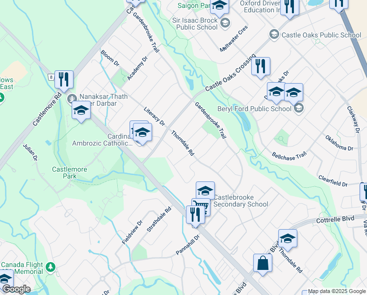 map of restaurants, bars, coffee shops, grocery stores, and more near 250 Thorndale Road in Brampton