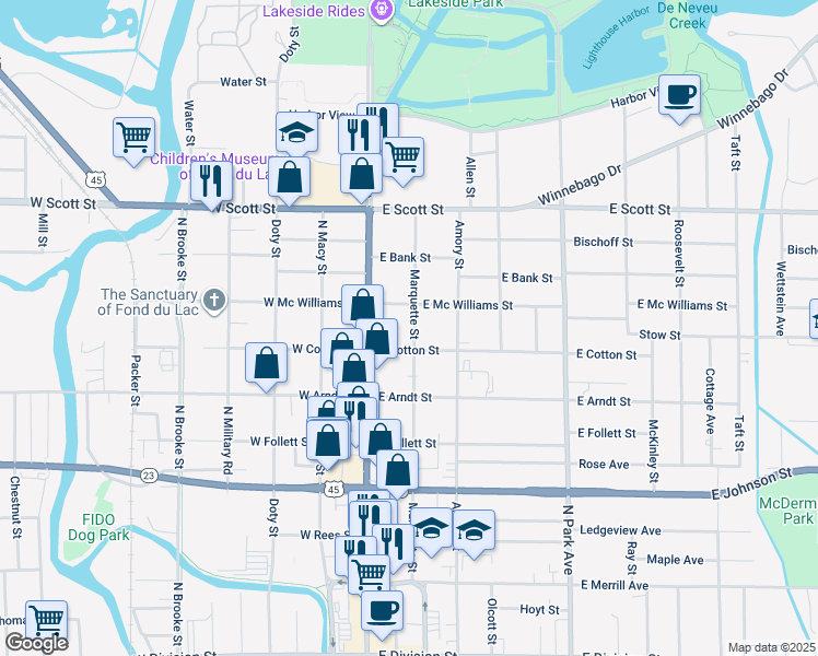 map of restaurants, bars, coffee shops, grocery stores, and more near 338 Marquette Street in Fond du Lac