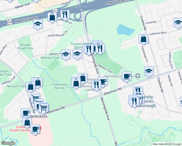 map of restaurants, bars, coffee shops, grocery stores, and more near 750 Morningside Avenue in Toronto