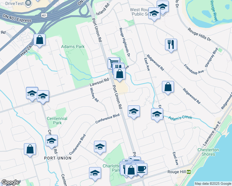map of restaurants, bars, coffee shops, grocery stores, and more near Port Union Road in Toronto