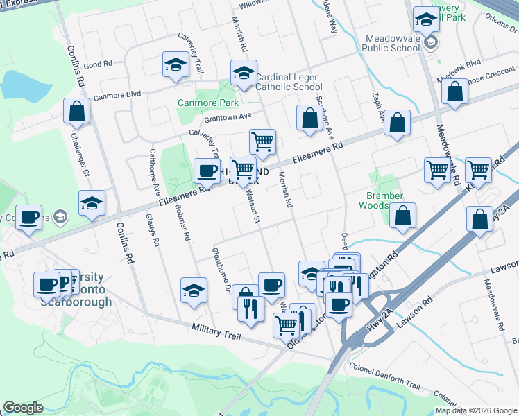 map of restaurants, bars, coffee shops, grocery stores, and more near 87 Watson Street in Toronto
