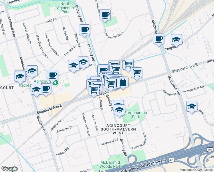 map of restaurants, bars, coffee shops, grocery stores, and more near 4438 Sheppard Avenue East in Toronto