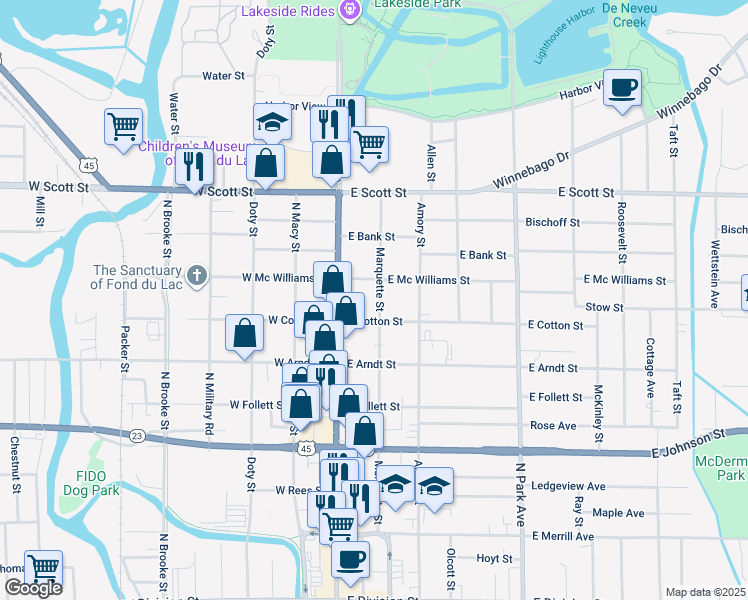 map of restaurants, bars, coffee shops, grocery stores, and more near 31 East Cotton Street in Fond du Lac