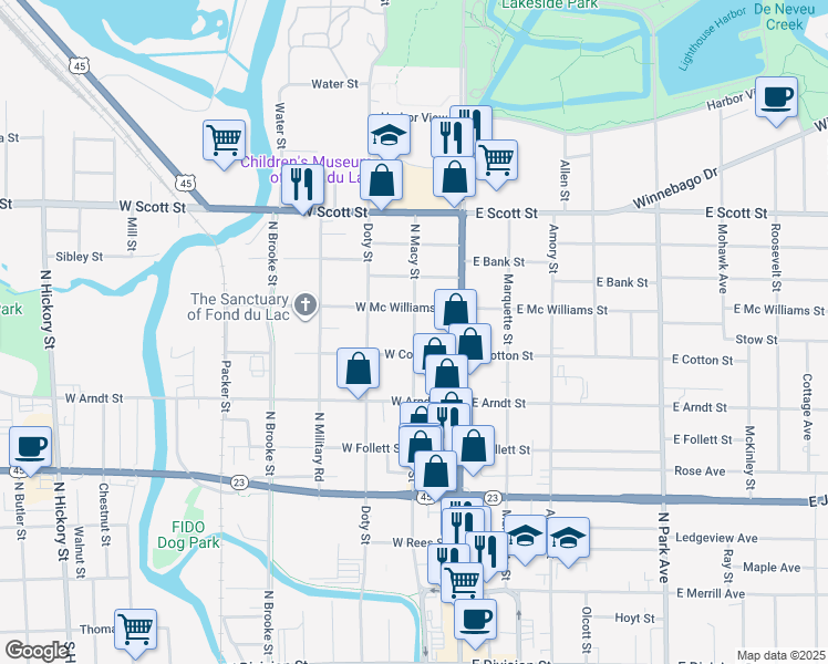 map of restaurants, bars, coffee shops, grocery stores, and more near 338 North Macy Street in Fond du Lac