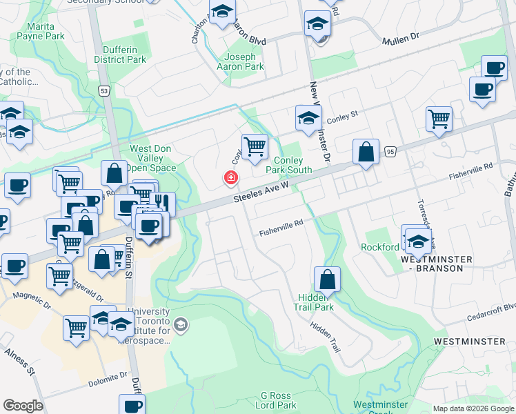 map of restaurants, bars, coffee shops, grocery stores, and more near 87 Festival Drive in Toronto