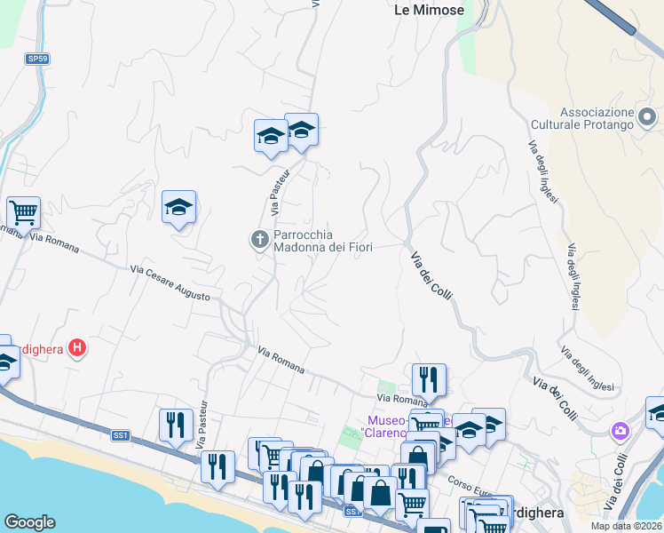 map of restaurants, bars, coffee shops, grocery stores, and more near 72 Via Coggiola in Bordighera