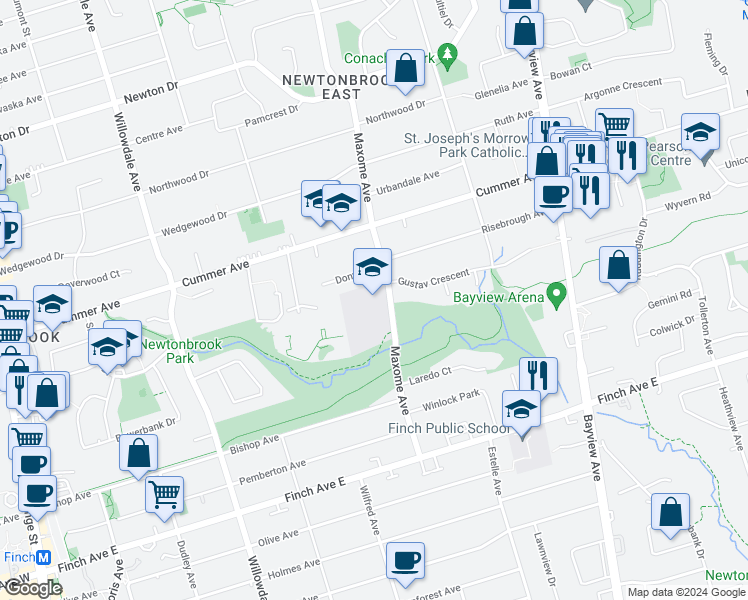 map of restaurants, bars, coffee shops, grocery stores, and more near 70 Maxome Avenue in Toronto