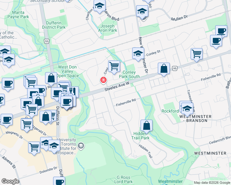 map of restaurants, bars, coffee shops, grocery stores, and more near 87 Festival Drive in Toronto