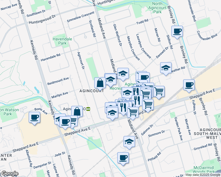 map of restaurants, bars, coffee shops, grocery stores, and more near 29 Lockie Avenue in Toronto