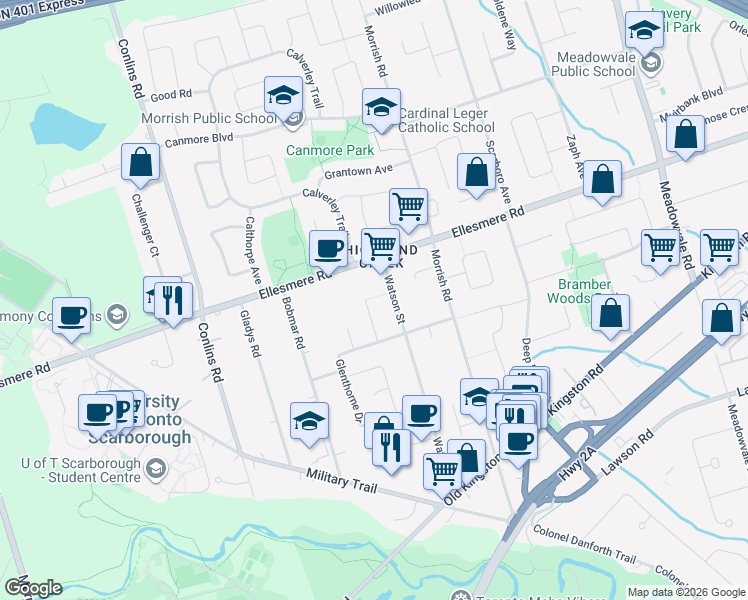 map of restaurants, bars, coffee shops, grocery stores, and more near 70 Windrush Trail in Toronto