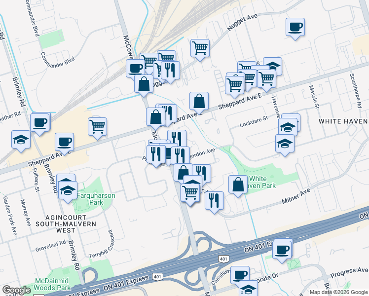 map of restaurants, bars, coffee shops, grocery stores, and more near in Toronto