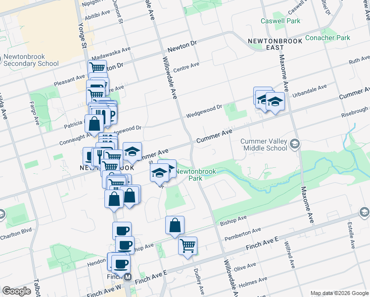 map of restaurants, bars, coffee shops, grocery stores, and more near 103 Cummer Avenue in Toronto