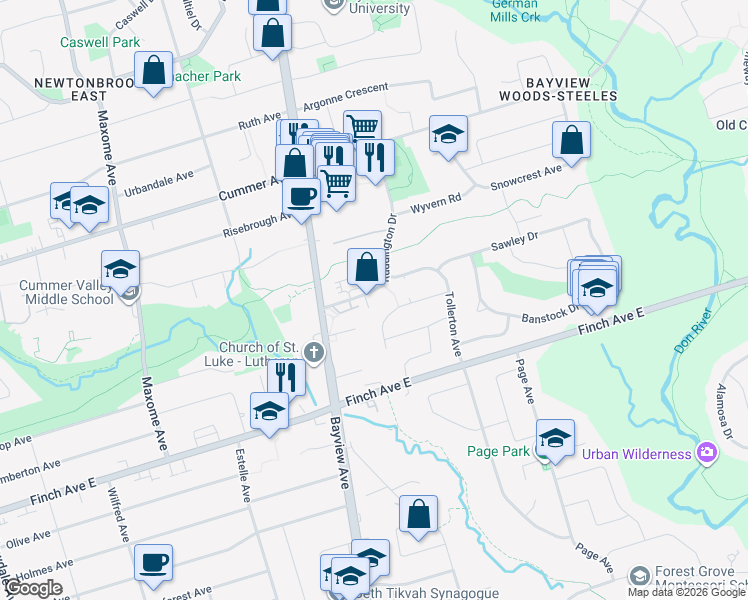 map of restaurants, bars, coffee shops, grocery stores, and more near 17 Ruddington Drive in Toronto