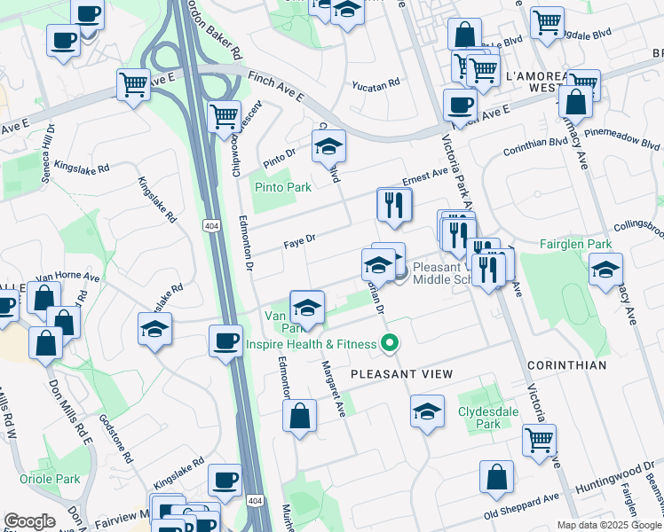 map of restaurants, bars, coffee shops, grocery stores, and more near in Toronto