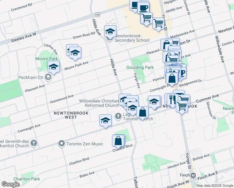 map of restaurants, bars, coffee shops, grocery stores, and more near in Toronto