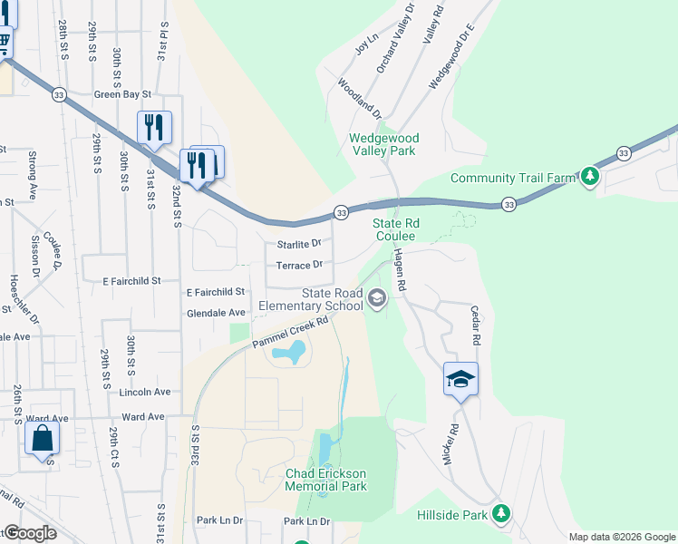 map of restaurants, bars, coffee shops, grocery stores, and more near 2311 Hiawatha Avenue in La Crosse