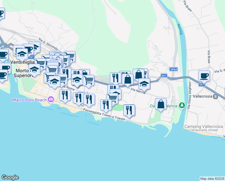 map of restaurants, bars, coffee shops, grocery stores, and more near 8 Via Tacito in Ventimiglia