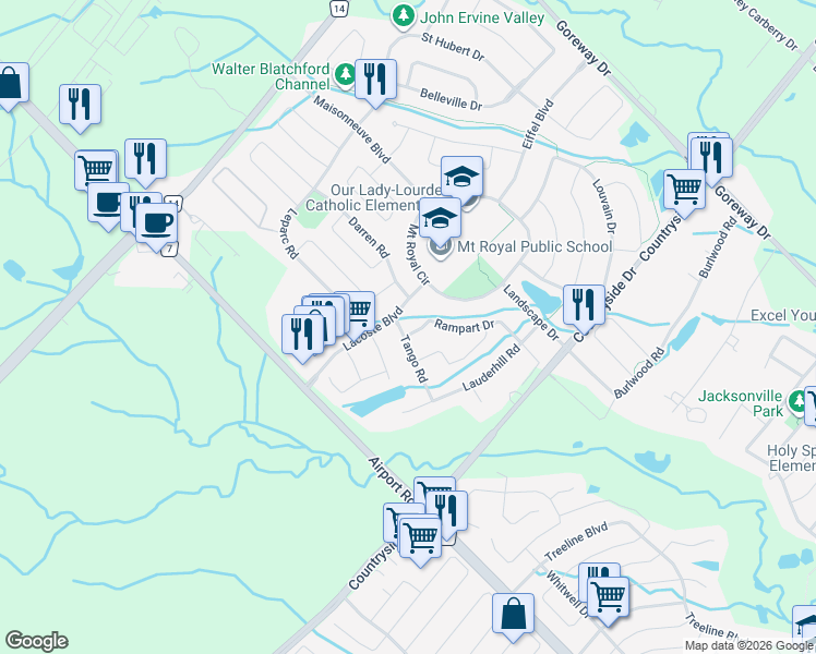 map of restaurants, bars, coffee shops, grocery stores, and more near 2 Rampart Drive in Brampton