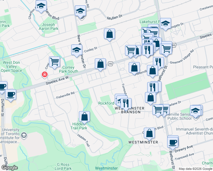 map of restaurants, bars, coffee shops, grocery stores, and more near 83 Fisherville Road in Toronto