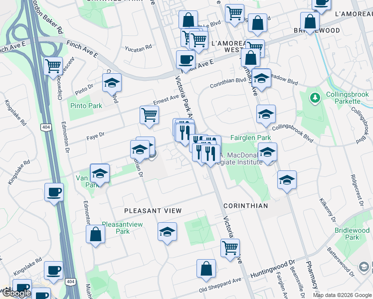 map of restaurants, bars, coffee shops, grocery stores, and more near 2810 Victoria Park Avenue in Toronto