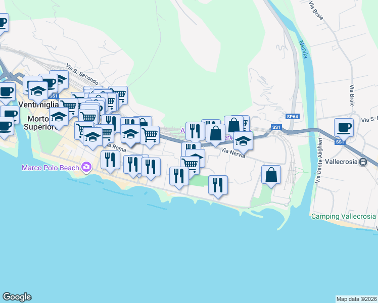 map of restaurants, bars, coffee shops, grocery stores, and more near 8 Via Tacito in Ventimiglia