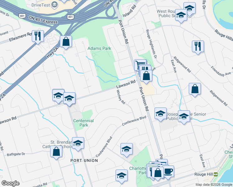 map of restaurants, bars, coffee shops, grocery stores, and more near 50 Wichey Road in Toronto