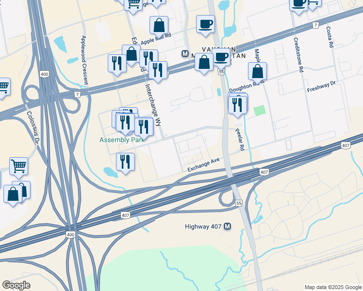 map of restaurants, bars, coffee shops, grocery stores, and more near 30 Interchange Way in Vaughan