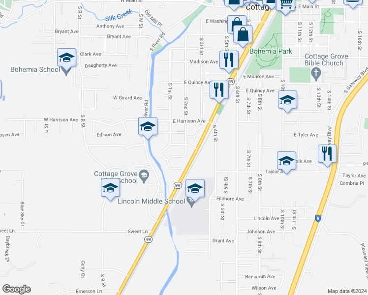 map of restaurants, bars, coffee shops, grocery stores, and more near 199 River Walk Place in Cottage Grove