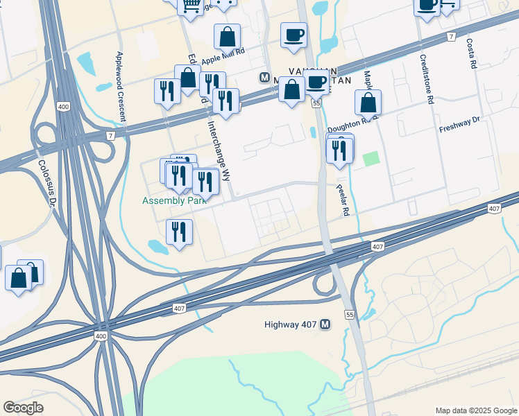 map of restaurants, bars, coffee shops, grocery stores, and more near 300 Exchange Avenue in Vaughan