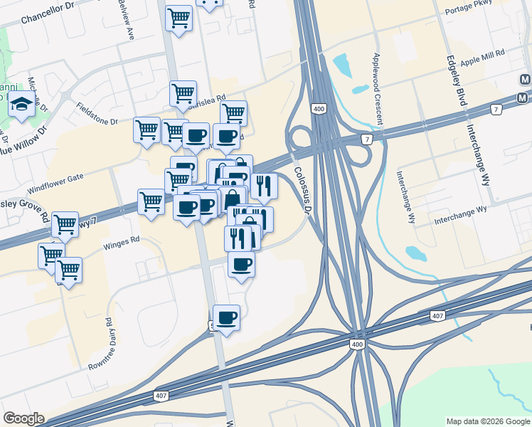 map of restaurants, bars, coffee shops, grocery stores, and more near 3555 Highway 7 West in Vaughan
