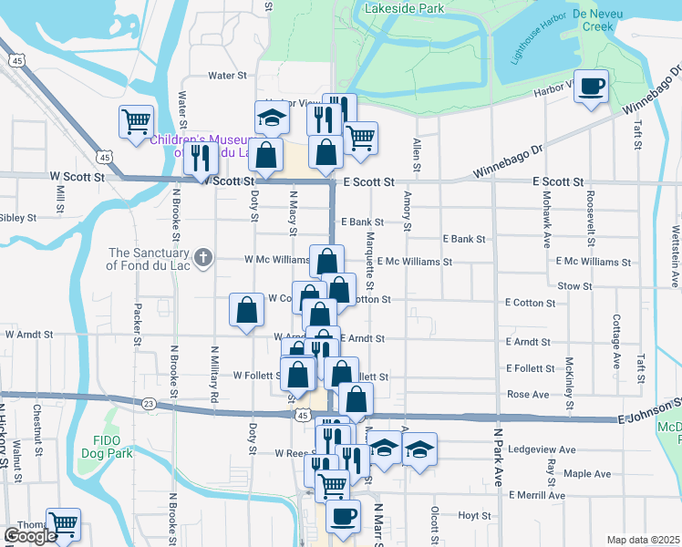 map of restaurants, bars, coffee shops, grocery stores, and more near 31 East Cotton Street in Fond du Lac