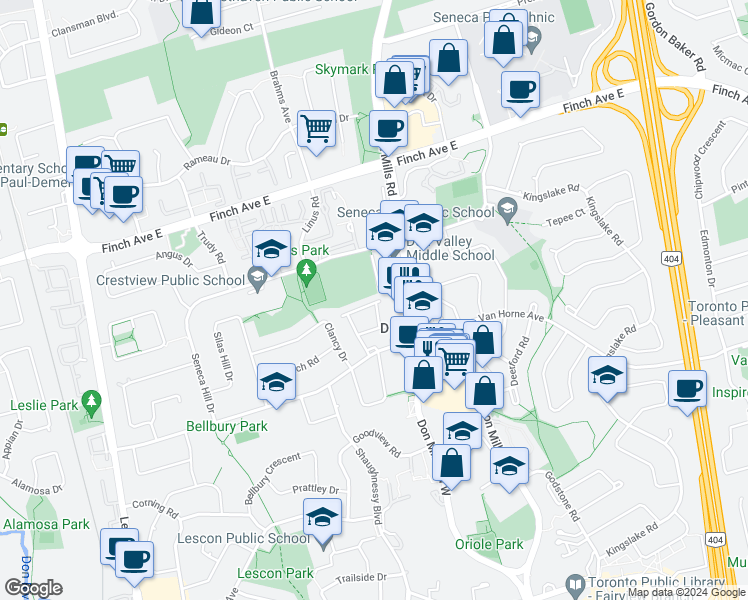 map of restaurants, bars, coffee shops, grocery stores, and more near 102 Rusty Crestway in Toronto