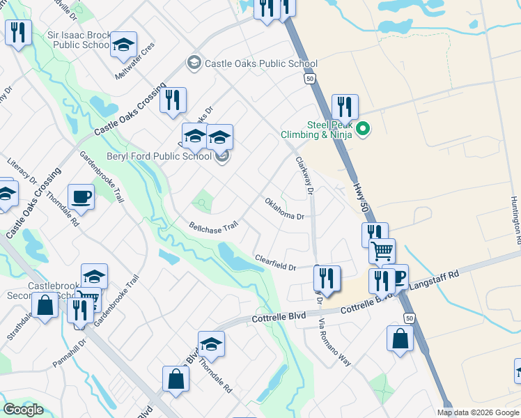 map of restaurants, bars, coffee shops, grocery stores, and more near 5 Amy Avenue in Brampton