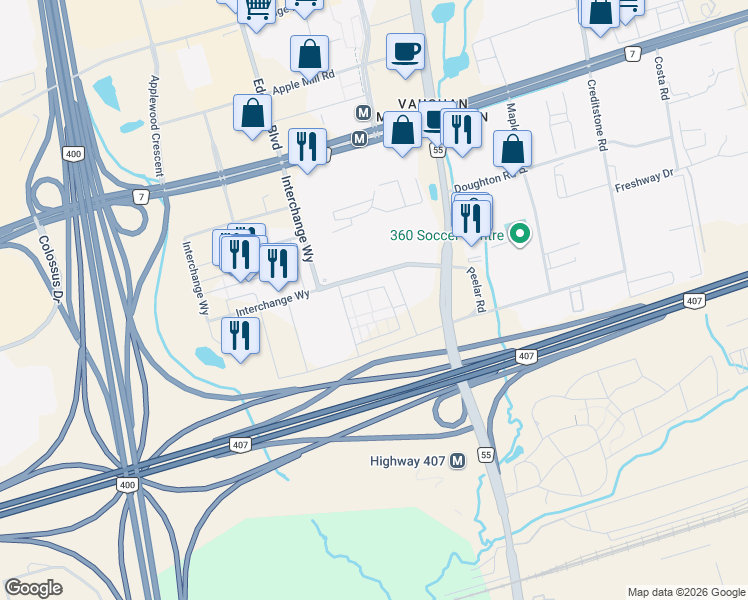 map of restaurants, bars, coffee shops, grocery stores, and more near 30 Almond Blossom Mews in Vaughan