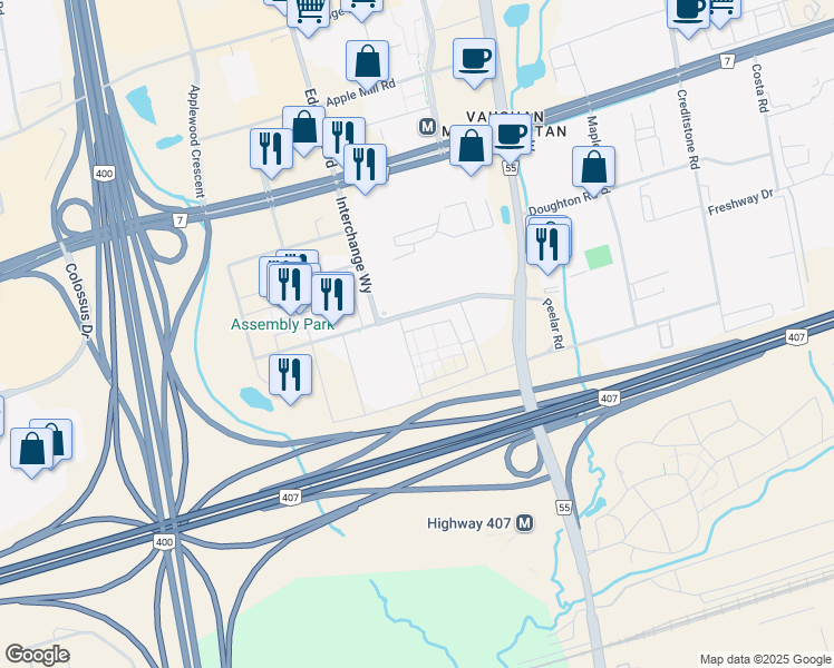 map of restaurants, bars, coffee shops, grocery stores, and more near 21 Honeycrisp Crescent in Vaughan