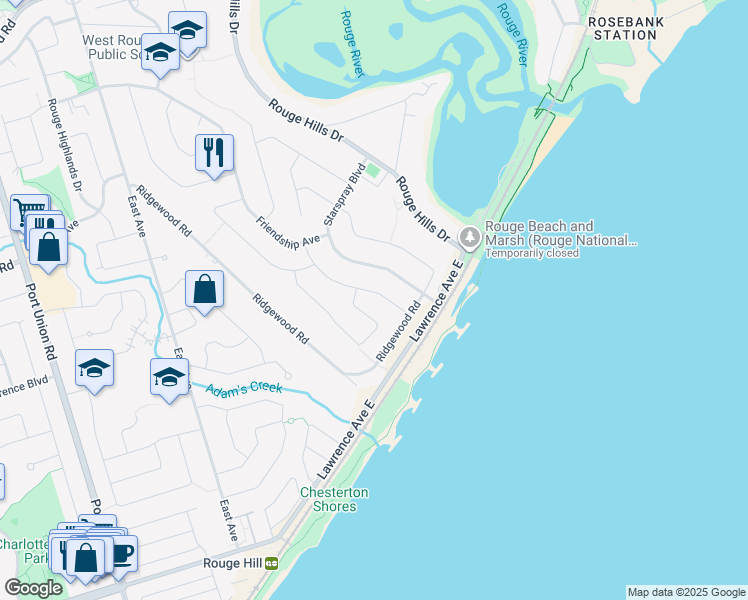 map of restaurants, bars, coffee shops, grocery stores, and more near 23 Bornholm Drive in Toronto