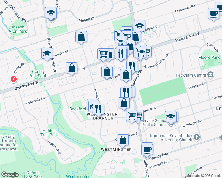 map of restaurants, bars, coffee shops, grocery stores, and more near 41 Russfax Drive in Toronto